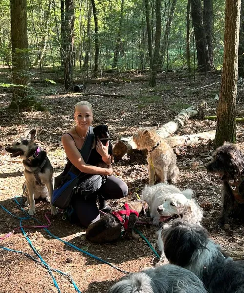 Katrin Pantos beim Dogwalking mit mehreren Hunden im Wald.